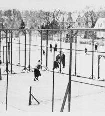 Winter activity at Fox Meadow in 1936 included paddle and ice-skating. Playing paddle are Fess Blanchard and his daughter Ruth (on the right) playing against Kitty Fuller and an unidentified partner.
