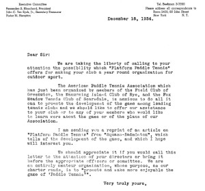 APTA letter to members of the Eastern Lawn Tennis Association explaining the benefits of the game