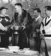The awards presentation at the 1956 Men’s Nationals (from left): George Harrison, Bill Pardoe, Ted Cook (APTA president and tournament chair), Don McNeill, and Herman Schaefer
